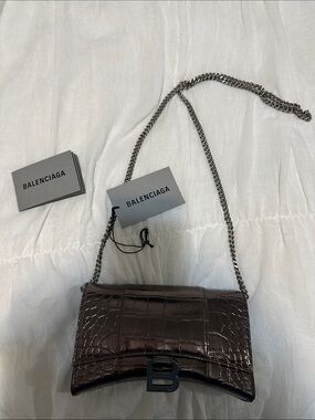 Balenciaga Croc-Embossed Chain Shoulder Bag in Dark Brown